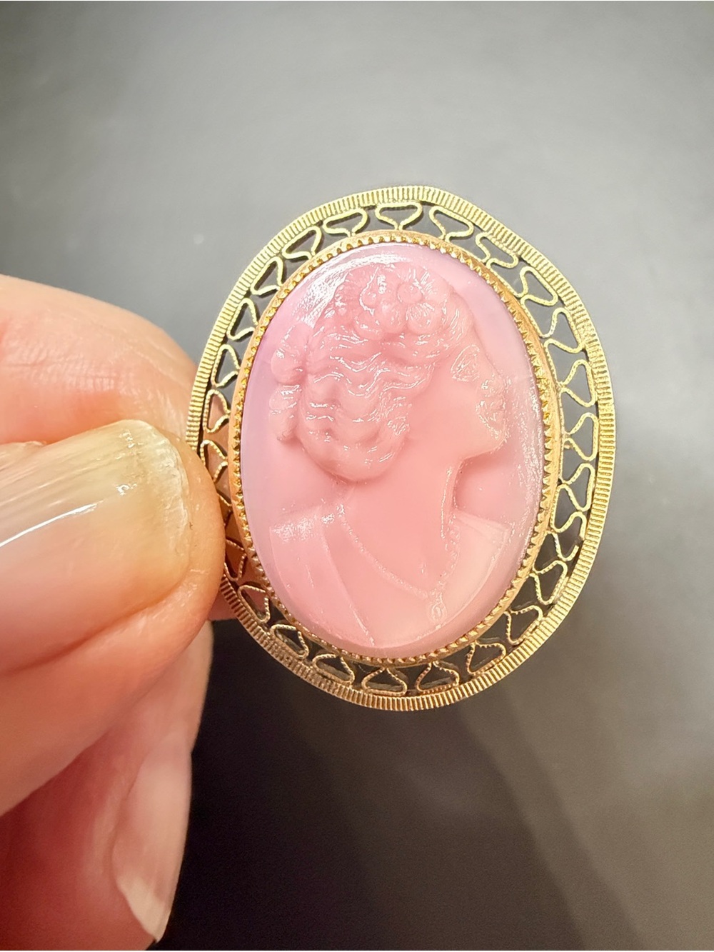 Pink Cameo Profile Brooch in Gold-Tone Frame
